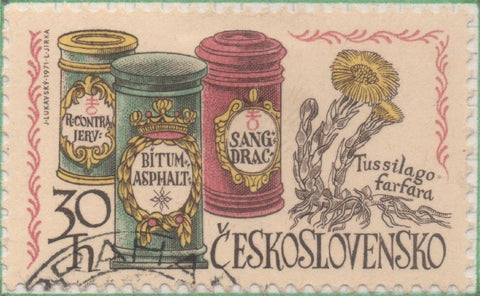 Sello E01713: hoja 111, Checoslovaquia: Sello Multicolor, dentado. VI Congreso Internacional de Farmacia. Praga. Pie de caballo. Tussilago farfara, 30 Haleru