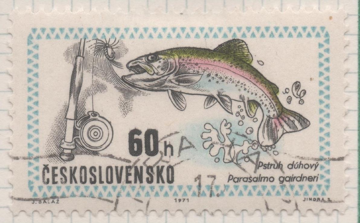 Sello E01698: hoja 110, Checoslovaquia: Sello Multicolor, dentado. Exposición Mundial de Caza. Budapest. Trucha arcoiris. Salmo gairdneri, 60 Haleru