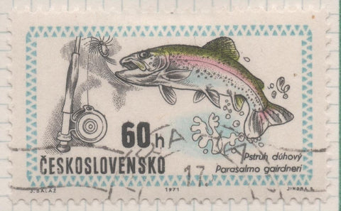 Sello E01698: hoja 110, Checoslovaquia: Sello Multicolor, dentado. Exposición Mundial de Caza. Budapest. Trucha arcoiris. Salmo gairdneri, 60 Haleru