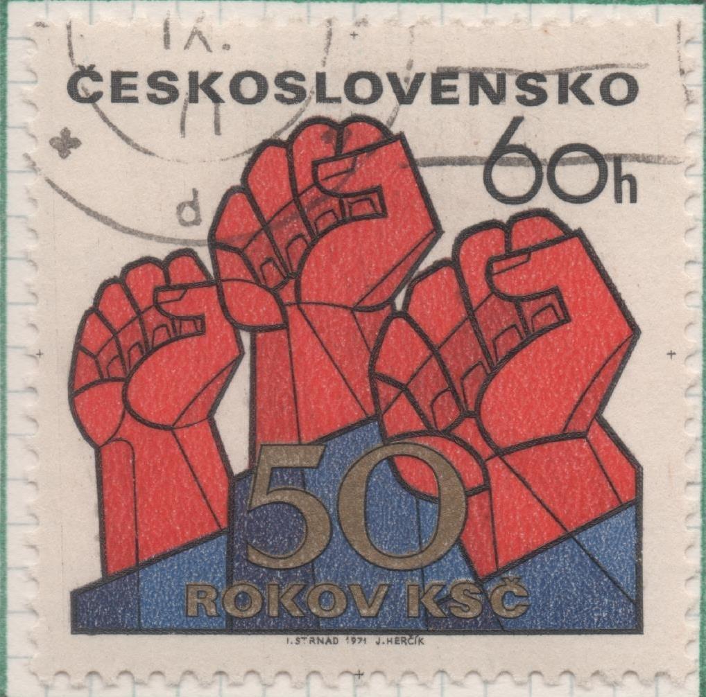 Sello E01695: hoja 110, Checoslovaquia: Sello Multicolor, dentado. 50 Aniv del Partido Comunista Checoslovaco. Puños en Alto, 60 Haleru
