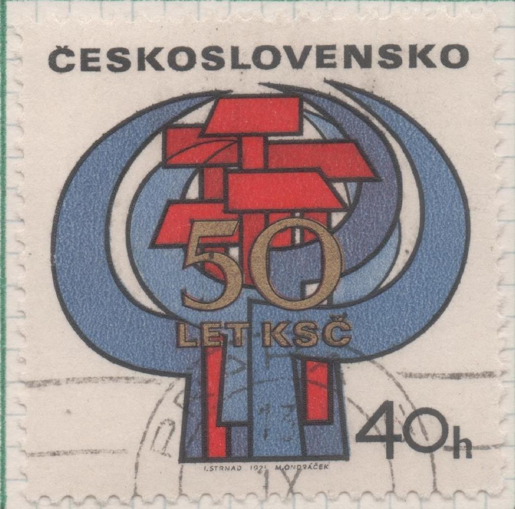 Sello E01694: hoja 110, Checoslovaquia: Sello Multicolor, dentao. 50 Aniv del Partido Comunista Checoslovaco. Hoz y Martillo, 40 Haleru