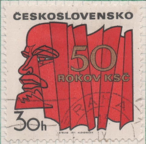 Sello E01693: hoja 110 ,Checoslovaquia: Sello Rojo y dorado, dentado.  50 Aniv del Partido Comunista Checoslovaco. Lenin, 30 Haleru