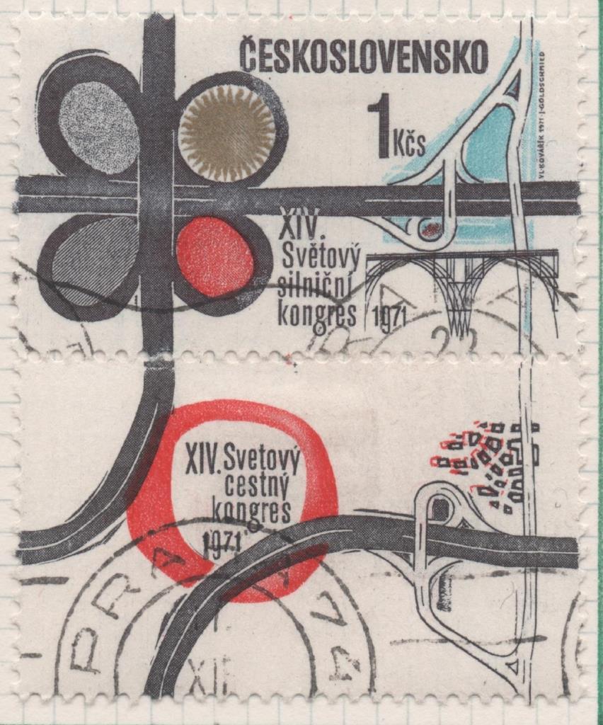 Sello E01692: hoja 110, Checoslovaquia: Sello Multicolor, dentado. Congres Internaciona de Construcción de Autopistas, 1 Koruna