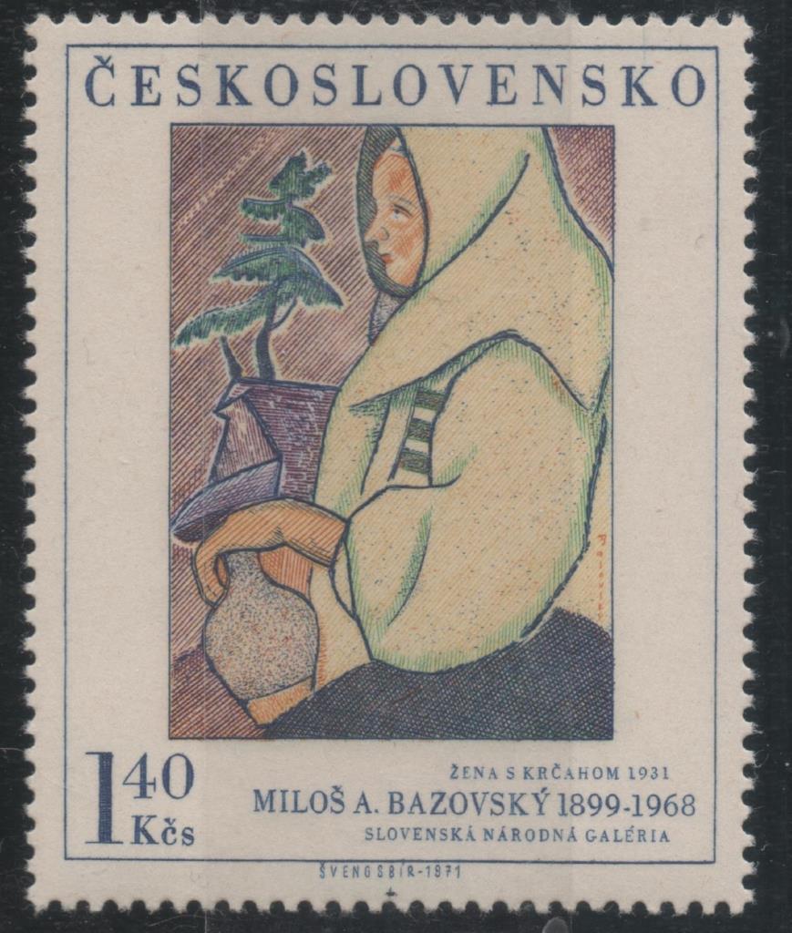 Sello E01721: hoja 112, Checoslovaquia: Sello Multicolor, dentado. Pinturas de la Galería Nacional de Praga. Mujer con jarrón. Milos Bazovský. 1931, 1,40 Koruna