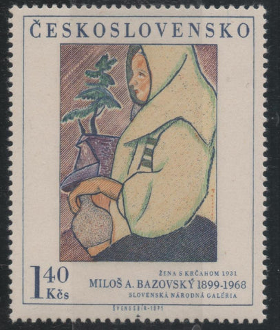 Sello E01721: hoja 112, Checoslovaquia: Sello Multicolor, dentado. Pinturas de la Galería Nacional de Praga. Mujer con jarrón. Milos Bazovský. 1931, 1,40 Koruna