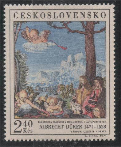 Sello E01723: hoja 112, Checoslovaquia: Sello Multicolor, dentado. Pinturas de la Galería Nacional de Praga. Fiesta del rosario. Albrecht Dürer. 1506, 2,40 Koruny