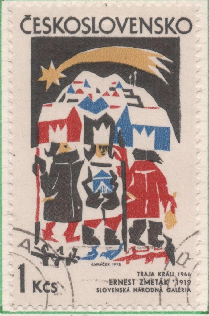 Sello E01751: hoja 114, Checoslovaquia: Sello Multicolor, dentado. Arte Gráfico. Los tres reyes. Ernest Zmetak. 1966, 1 Koruna