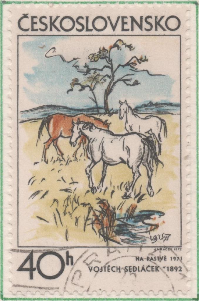 Sello E01748: hoja 114, Checoslovaquia: Sello Multicolor, dentado. Arte Gráfico. En el pasto. Vojtěch Sedláček. 1971, 40 Haleru