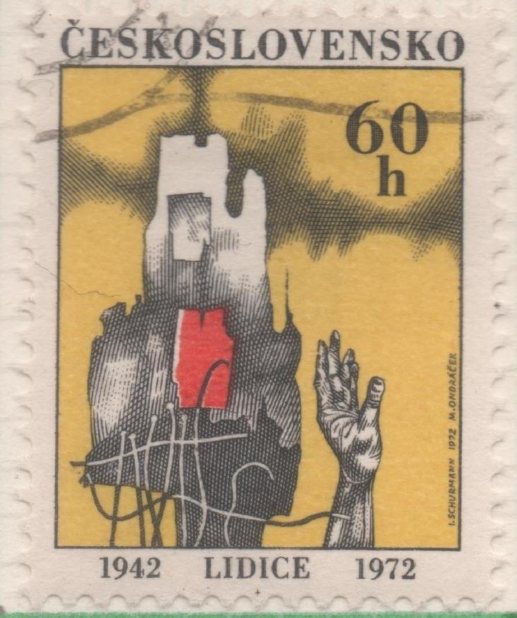 Sello E01745: hoja 114, Checoslovaquia: SelloAmarillo, gris y rojo, dentado. XXX Aniv del Fín de la II Guerra Mundial. Destrucción de Lidice, 60 Haleru