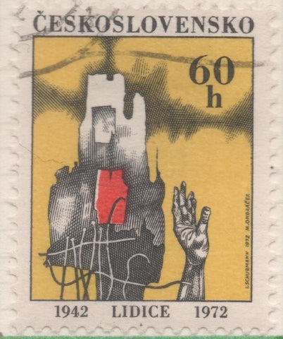 Sello E01745: hoja 114, Checoslovaquia: SelloAmarillo, gris y rojo, dentado. XXX Aniv del Fín de la II Guerra Mundial. Destrucción de Lidice, 60 Haleru