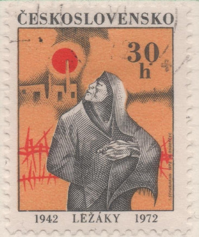 Sello E01744: hoja 114, Checoslovaquia: Sello Naranja, gris y rojo, dentado. XXX Aniv del Fín de la II Guerra Mundial. Destrucción de Lezaky, 30 Haleru