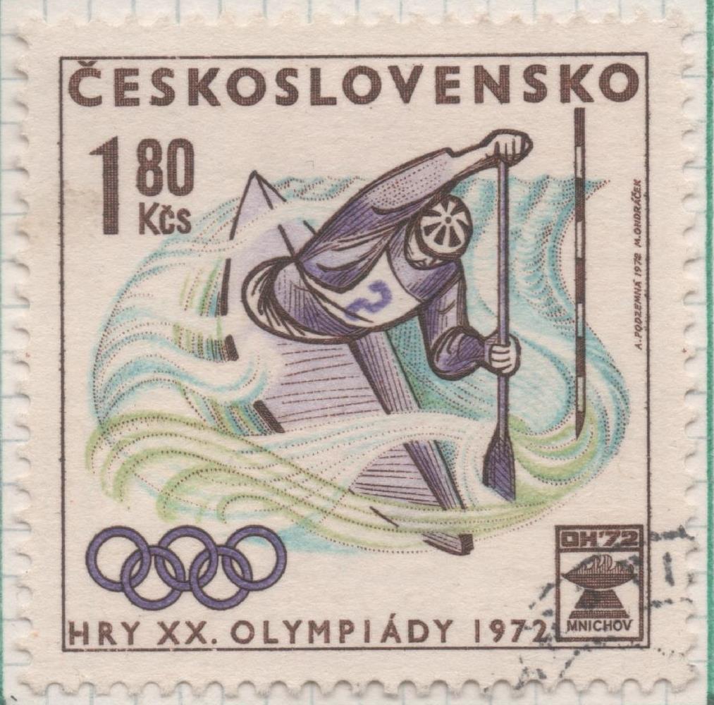 Sello E01736: hoja 113, Checoslovaquia: Sello Multicolor, dentado. Juegos Olímpico se Munich. Canoa- Kayak, 1,80 Koruna