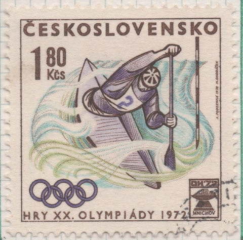 Sello E01736: hoja 113, Checoslovaquia: Sello Multicolor, dentado. Juegos Olímpico se Munich. Canoa- Kayak, 1,80 Koruna