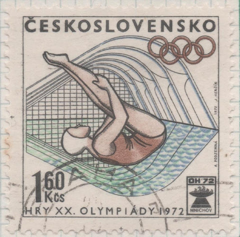 Sello E01735: hoja 113, Checoslovaquia: Sello Multicolor, dentado. Juegos Olímpicos de Munich. Salto de Trampolín, 1,60 Koruna