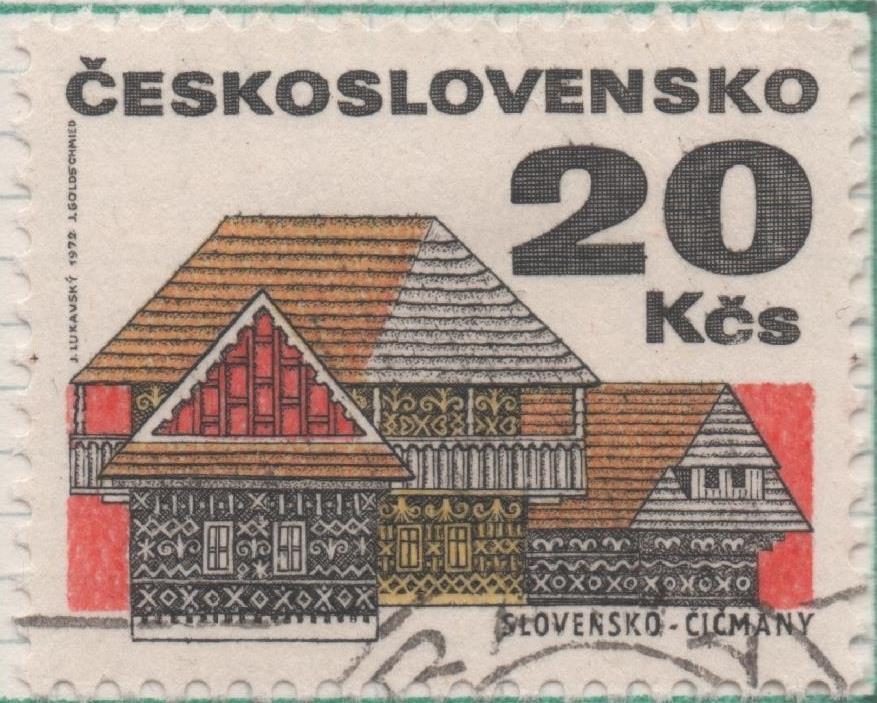 Sello E01733: hoja 113, Checoslovaquia: Sello Multicolor, dentado. Edificios.  Čičmany. Eslovaquia, 20 Korun