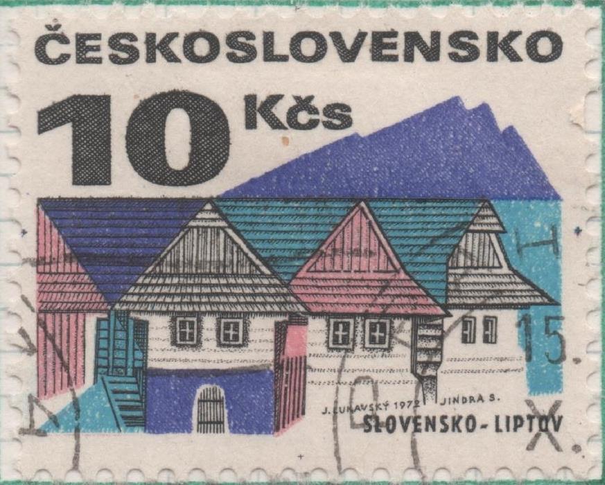 Sello E01732: hoja 113, Checoslovaquia: Sello Multicolor, dentado. Edificios.  Liptov. Eslovaquia, 10 Korun