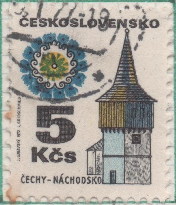 Sello E01731: hoja 113, Checoslovaquia: Sello Multicolor, dentado. Edificios. Náchodsko. Bohemia, 5 Koruny