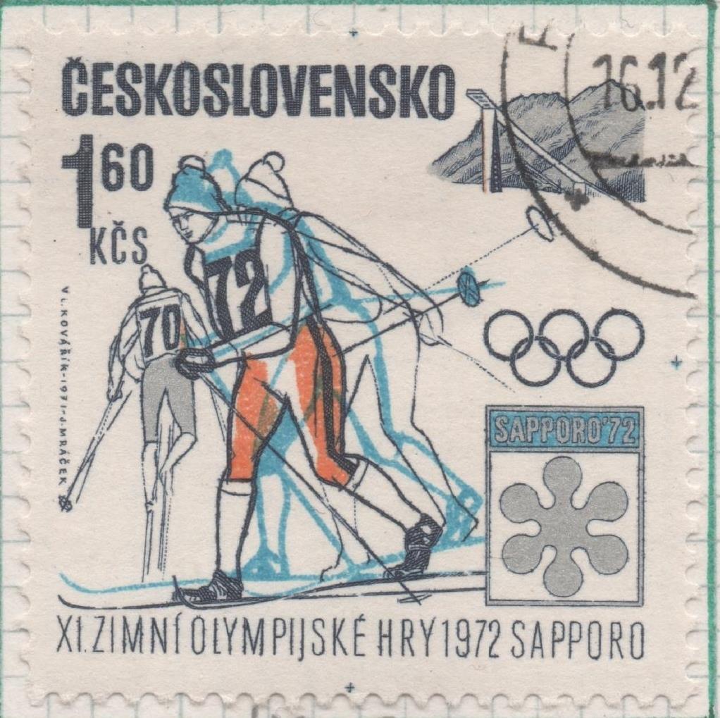 Sello E01727: hoja 113, Checoslovaquia: Sello Multicolor, dentado. 75 Aniv del Comité Olímpico Nacional. Esquiadores, 1,60 Koruna