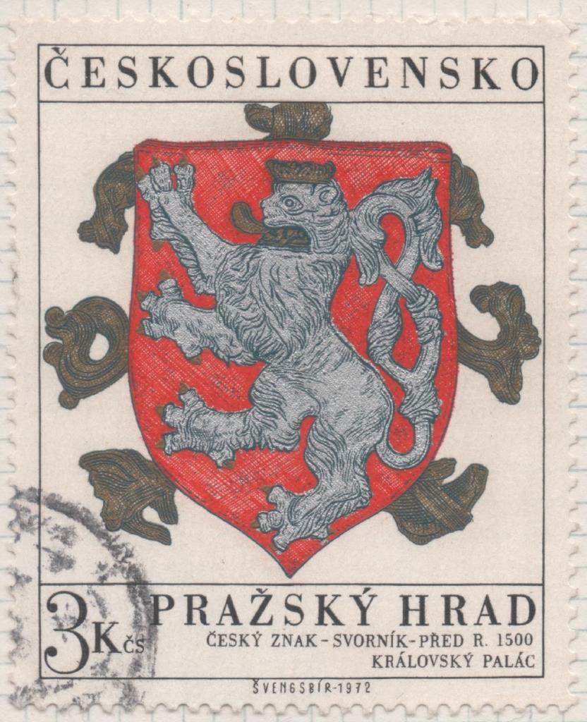 Sello E01738: hoja 113, Checoslovaquia: Sello Rojo , blanco y dorado, dentado. Tesoros Castillo de Praga. Escudo de Bohemia. 1500, 3 Koruny