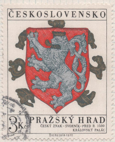 Sello E01738: hoja 113, Checoslovaquia: Sello Rojo , blanco y dorado, dentado. Tesoros Castillo de Praga. Escudo de Bohemia. 1500, 3 Koruny