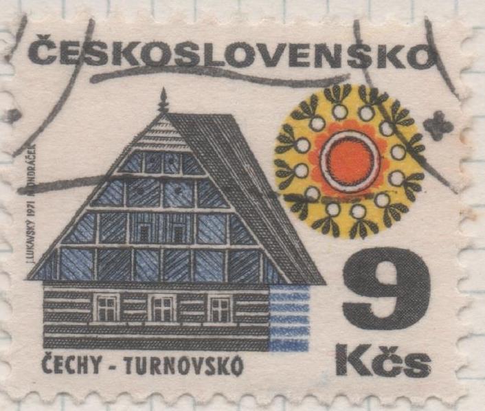 Sello E01689: hoja 109, Checoslovaquia: Sello Multicolor, detnado. Edificios. Iglesia de Turnovsko. Čechy (11½ x 11¾), 9 Koruny