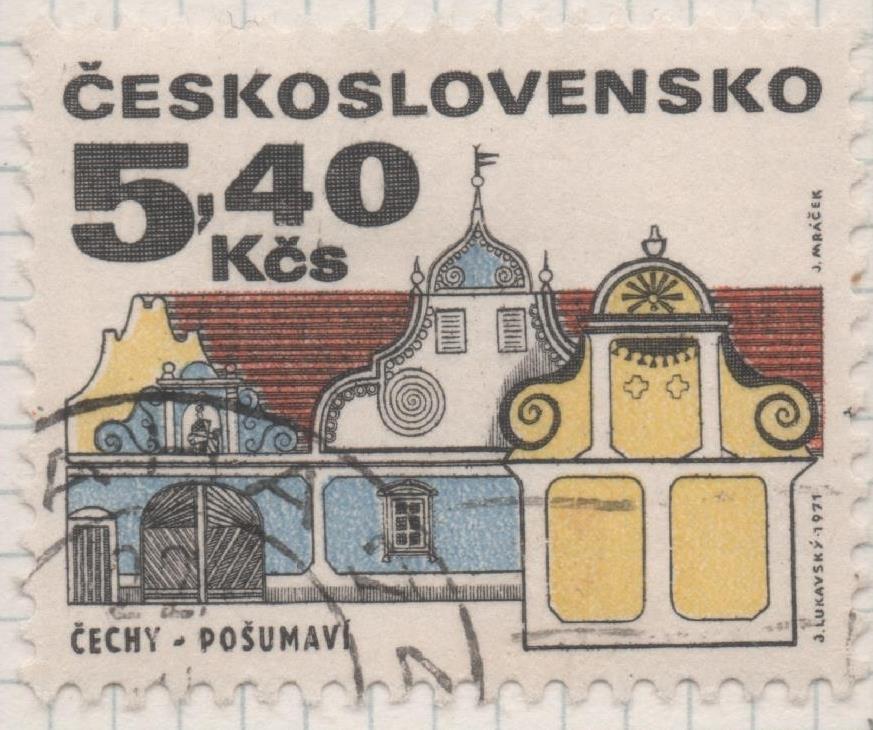 Sello E01687: hoja 109, Checoslovaquia: Sello Multicolor, dentado. Edificios. Pošumaví, 5,40 Koruny