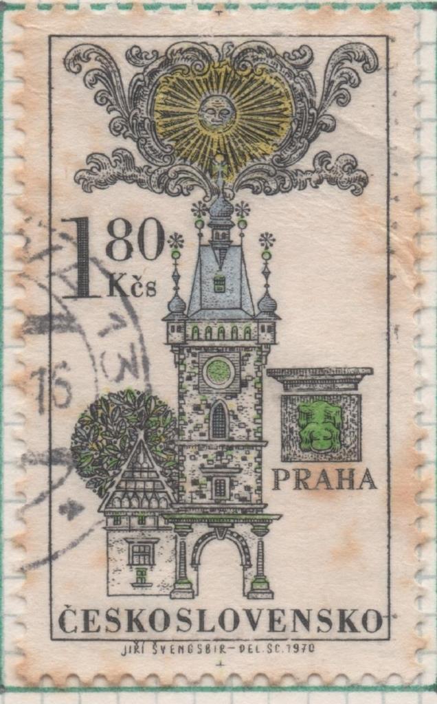Sello E01652: hoja 107, Checoslovaquia: Sello Multicolor, dentado. Emblemas de Antiguas Mansiones de Praga, Brno y Bratislava. Nuevo ayuntamiento de Praga-1,80 Koruna
