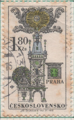 Sello E01652: hoja 107, Checoslovaquia: Sello Multicolor, dentado. Emblemas de Antiguas Mansiones de Praga, Brno y Bratislava. Nuevo ayuntamiento de Praga-1,80 Koruna
