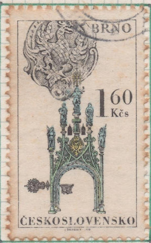 Sello E01651: hoja 107, Checoslovaquia: Sello Multicolor, dentado. Emblemas de Antiguas Mansiones de Praga, Brno y Bratislava. Torre gótica, ayuntamiento de Brno, 1,60 Koruna