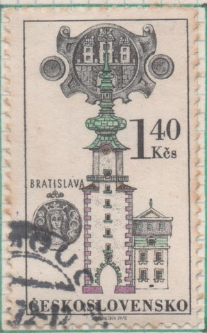 Sello E01650: hoja 107, Checoslovaquia: Sello Multicolor, dentado. Emblemas Antiguas  Mansiones de Praga, Brno y Bratislava. Puerta de Michal. Bratislava, 1,40 Koruna