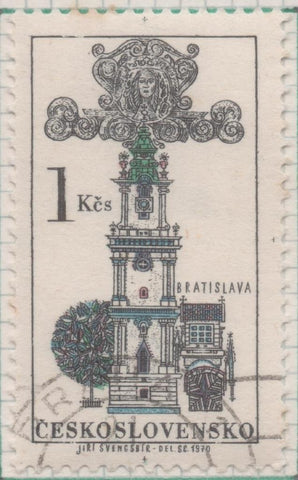 Sello E01649: hoja 107, Checoslovaquia: Sello Multicolor, dentado. Emblemas de antiguas Mansiones de Praga,Brno y Bratislava. Torre del ayuntamiento de Bratislava, 1 Koruna