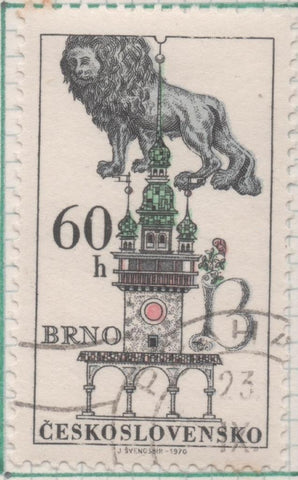 Sello E01648: hoja 107, Checoslovaquia: Sello Multicolor, dentado. Emblemas de Antiguas Mansiones de Praga, Brno y Bratislava. León azul y torre del ayuntamiento. Brno, 60 Haleru