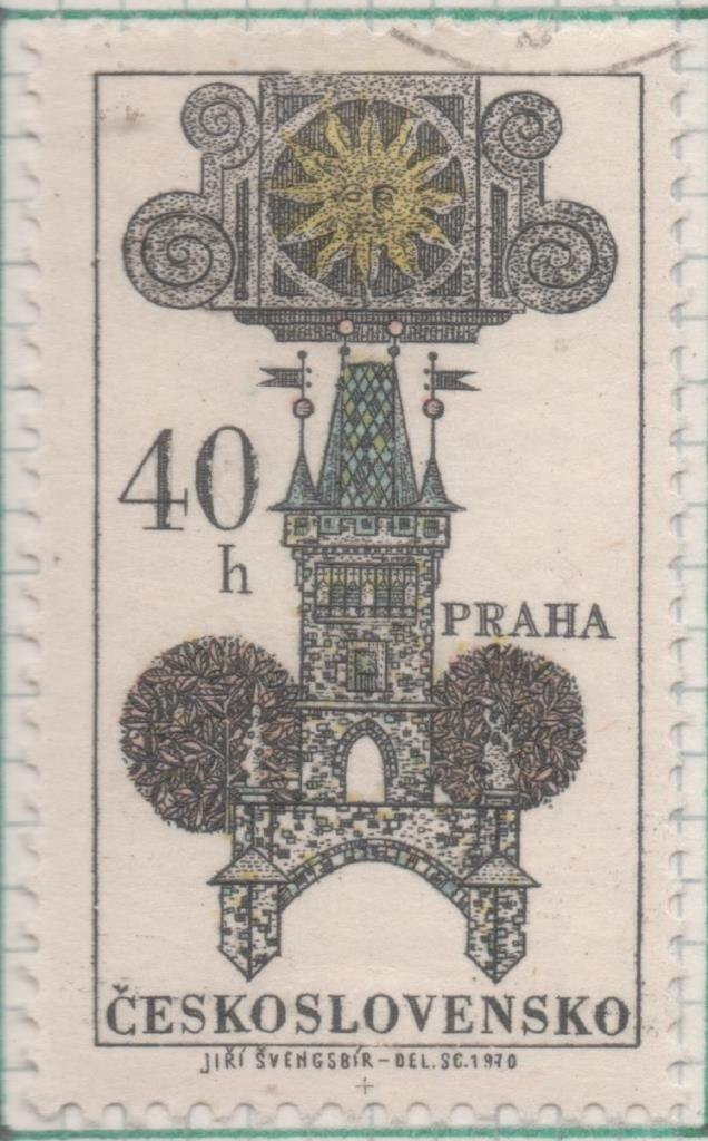 Sello E01647: hoja 107, Checoslovaquia: Sello Multicolor, detnado. Emblemas de Antiguas Mansiones de Praga, Brno y Bratislava. Sol de oro y torre del puente. Praga, 40 haleru