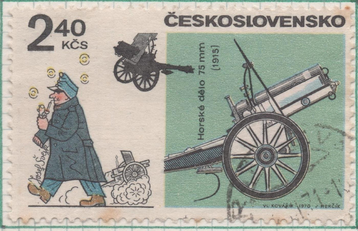 Sello E01646: hoja 107, Checoslovaquia: Sello Multicolor, dentado. Antiguas Armas de Fuego. Cañón de campaña. 1915, 2,40 Koruny