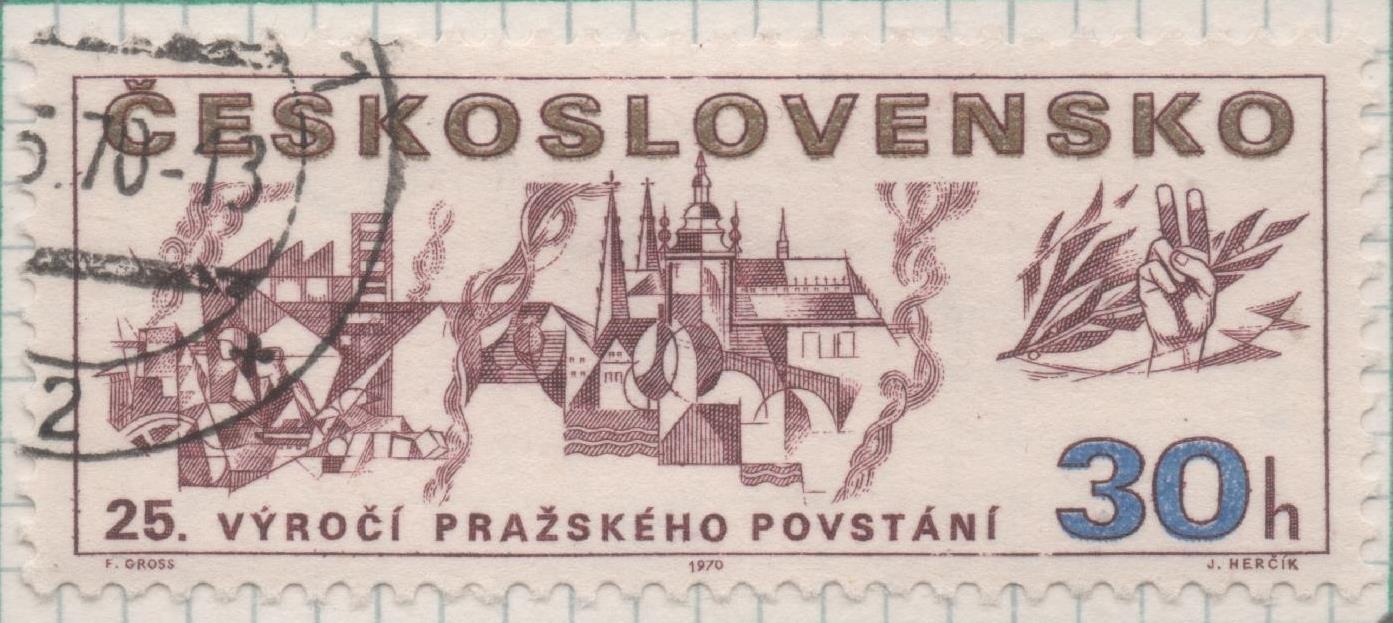 Sello E01634: hoja 106, Checoslovaquia: Sello Violeta oscuro y dorado, dentado. XXV Aniversario de la Liberación de Checoslovaquia. Liberación de Praga, 30 Haleru