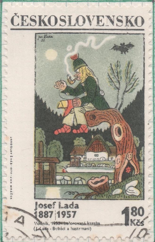 Sello E01633: hoja 106, Checoslovaquia: Sello Multicolor, dentado. Pinturas de Josef Lada. El Genio dels Aguas, 1,80 Koruna