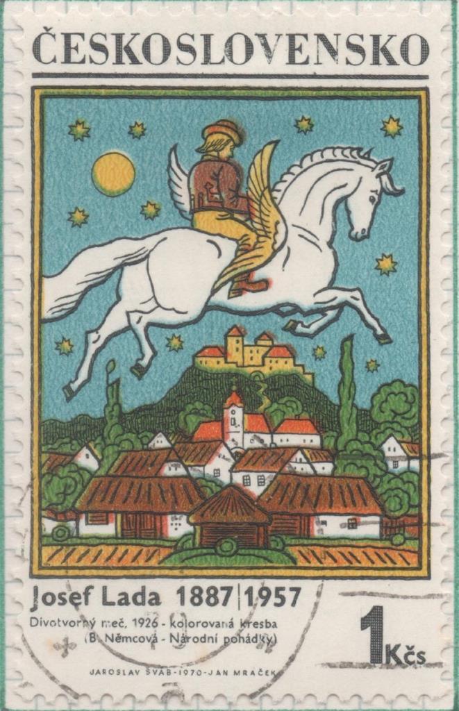 Sello E01632: hoja 106, Checoslovaquia: Sello Muticolor, dentado. Pinturas de Josef Lada. El Caballo Mágico, 1 Koruna