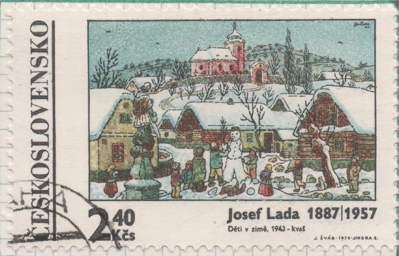 Sello E01631: hoja 106, Checoslovaquia: Sello Multicolor, dentado. Pinturas de Josef Lada. Niños en Invierno, 2,40 Koruny