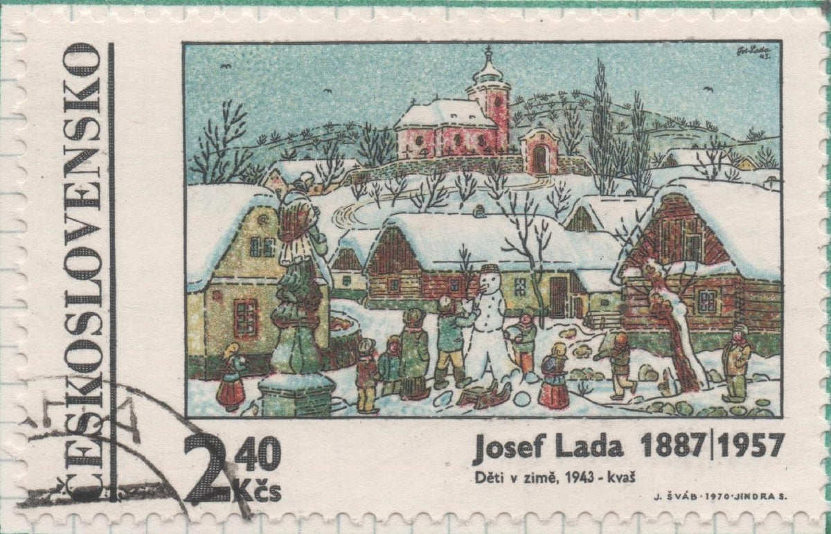 Sello E01631: hoja 106, Checoslovaquia: Sello Multicolor, dentado. Pinturas de Josef Lada. Niños en Invierno, 2,40 Koruny