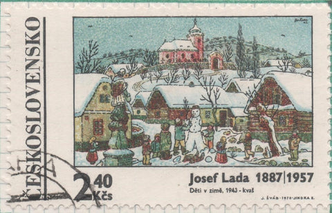 Sello E01631: hoja 106, Checoslovaquia: Sello Multicolor, dentado. Pinturas de Josef Lada. Niños en Invierno, 2,40 Koruny