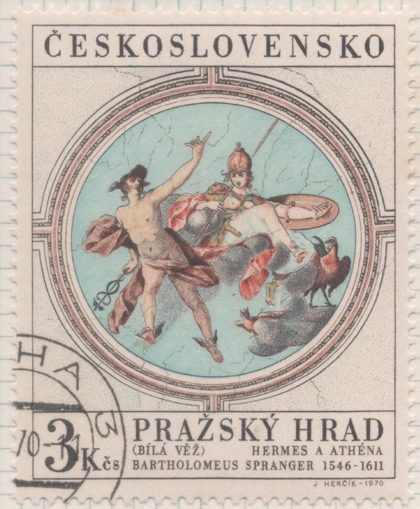 Sello E01637: hoja 106, Checoslovaquia: Sello Multicolor, detnado. Tesoros del Castillo de Praga.  Hermes y Atena. B. Springer, 1546-1611, 3 Koruny