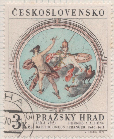 Sello E01637: hoja 106, Checoslovaquia: Sello Multicolor, detnado. Tesoros del Castillo de Praga.  Hermes y Atena. B. Springer, 1546-1611, 3 Koruny