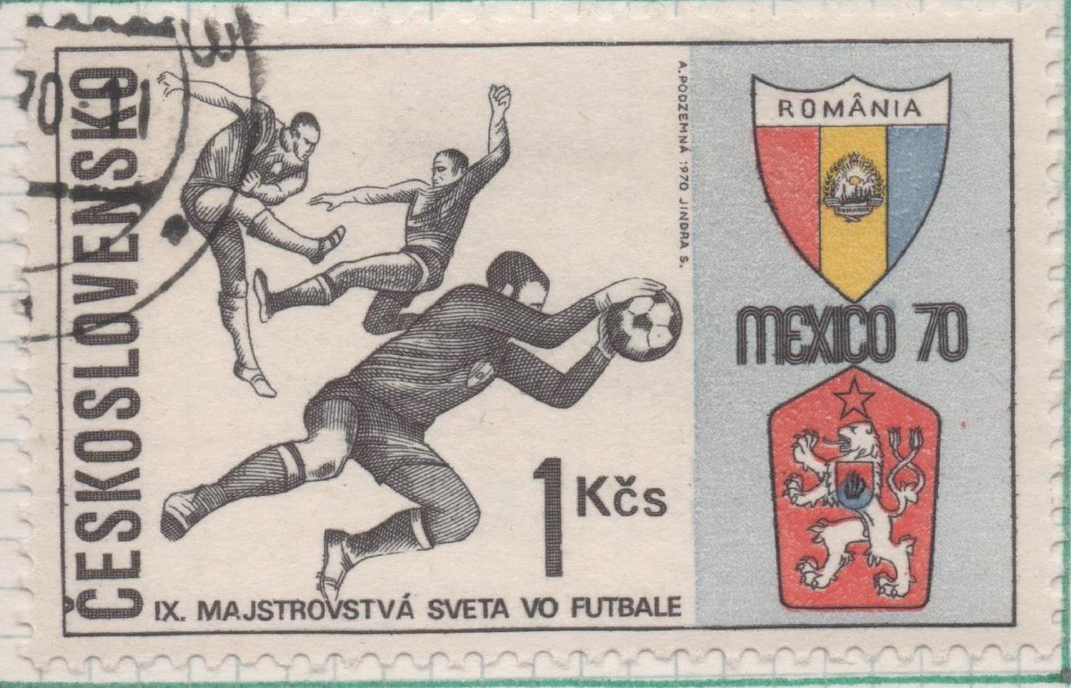 Sello E01656: hoja 107, Checoslovaquia: Sello Multicolor, dentado. Mundiales de Fútbol de México. Rumanía-Checoslovaquia, 1 Koruna