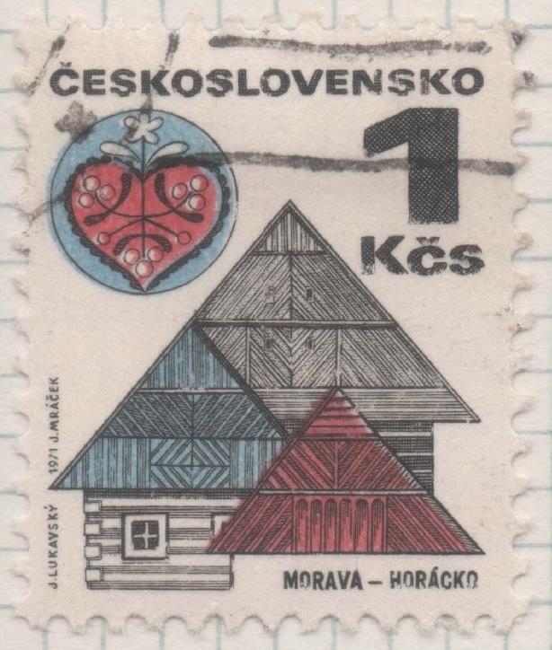 Sello E01682: hoja 109, Checoslovaquia: Sello Multicolor, dentado. Edificios. Horácko. Moravia (11¾ x 11½), 1 Koruna