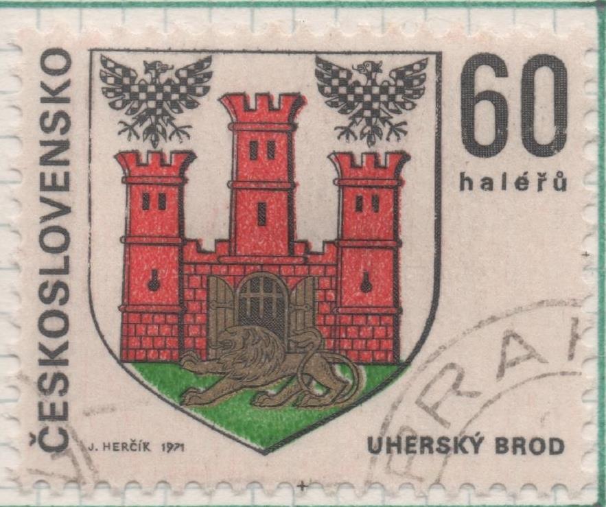 Sello E01680: hoja 109, Checoslovaquia: Sello Multicolor, dentado. Escudos Ciudades Regionales.  Uherský Brod, 60 Haleru