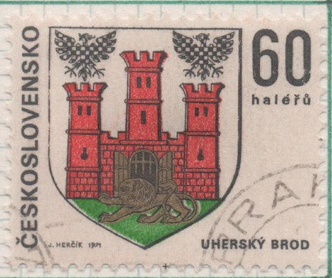 Sello E01680: hoja 109, Checoslovaquia: Sello Multicolor, dentado. Escudos Ciudades Regionales.  Uherský Brod, 60 Haleru