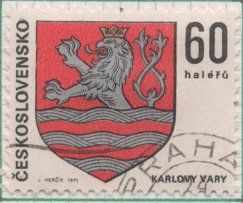 Sello E01677: hoja 109, Checoslovaquia: Sello Multicolor, dentado. Escudos Ciudades Regionales. Karlovy Vary, 60 Haleru