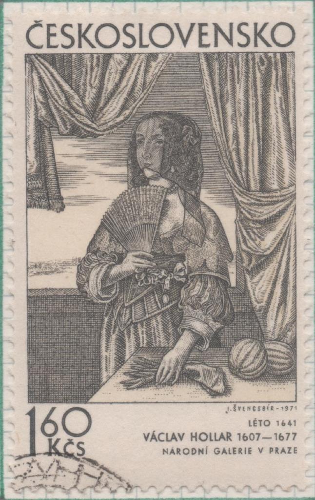 Sello E01673: hoja 109, Checoslovaquia: Sello Gris, dentado. Arte Gráfico.  Verano. Vaclav Hollar. 1641, 1,60 Koruna