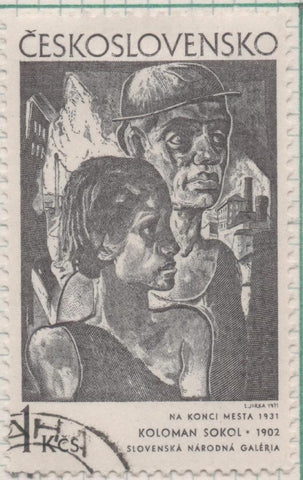 Sello E01672: hoja 109, Checoslovaquia: Sello Gris oscuro, dentado. Arte Gráfico.  Al final de la Ciudad. K. Sokol. 1931, 1 Koruna