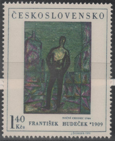 Sello E01662: hoja 108, Checoslovaquia: Sello Multicolor, dentado. Pinturas de la Gleria Nacional de Praga. Paseo nocturno. F. Hudeček, 1909-1990, 1,40 Koruna